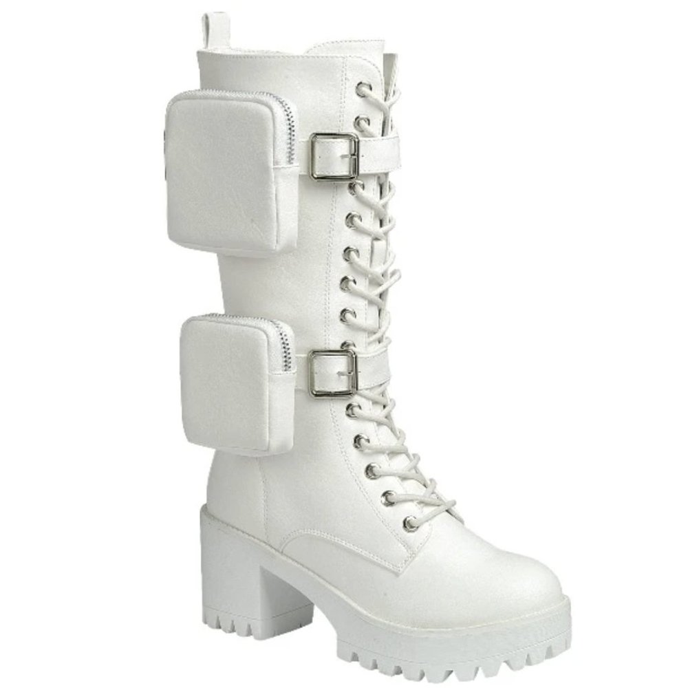 New White Pouch Lace Up Long Combat Military Boots